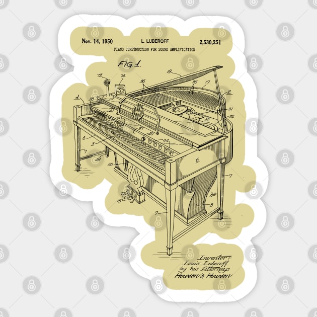 Piano Player Gifts - 1950 Grand Piano Patent Print Sticker by MadebyDesign